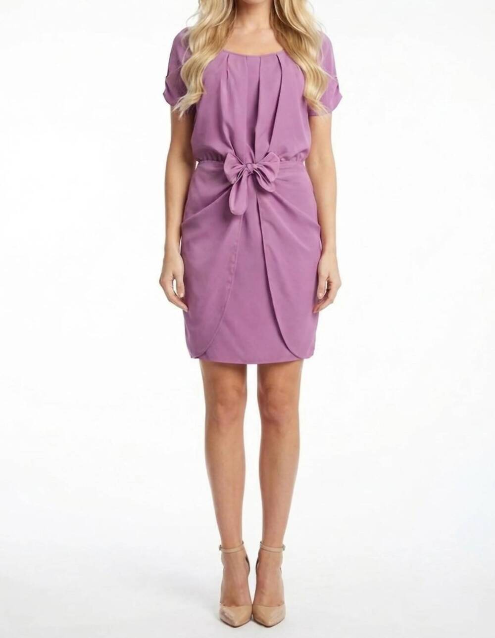 NEW JESSICA SIMPSON bow front tulip hem short sleeve cocktail dress in lavender